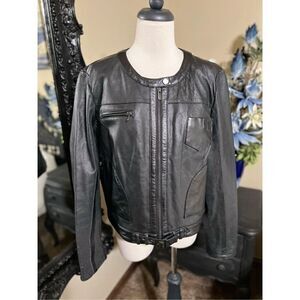 Tahari Black Perforated Lambs Leather Moto Jacket Large